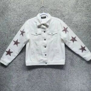 Blue B Collection Denim‎ Jean Jacket Rhinestone Stars Button White Size Small